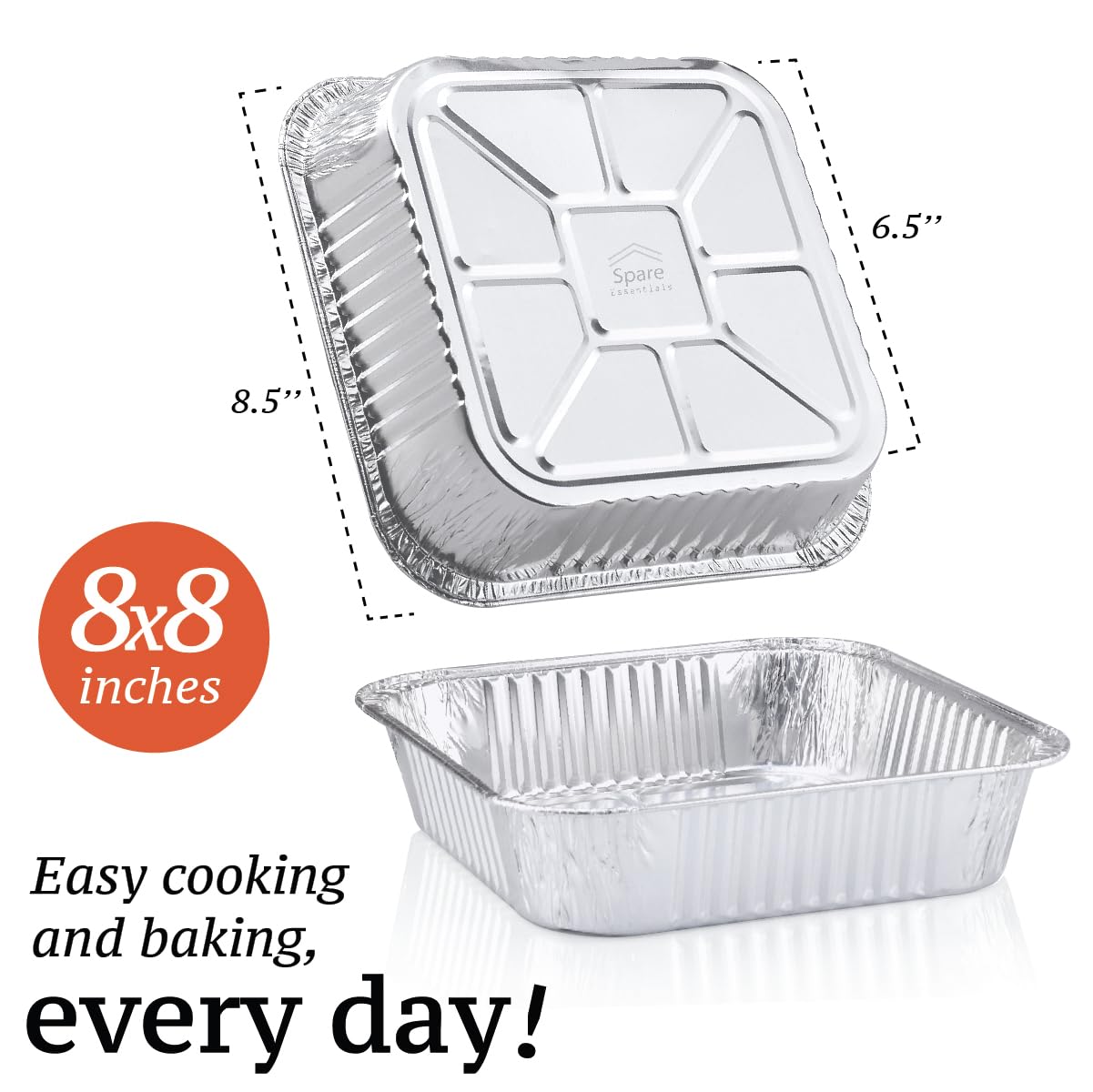 8x8 Foil Pans (55 Pack) - 8 Inch Square Aluminum Pans - Disposable Baking Pans for Heating, Prepping Food & Baking Cakes - Aluminum Baking Pans Disposable - 8 x 8 Baking Pan - Bottom: 6.5x6.5