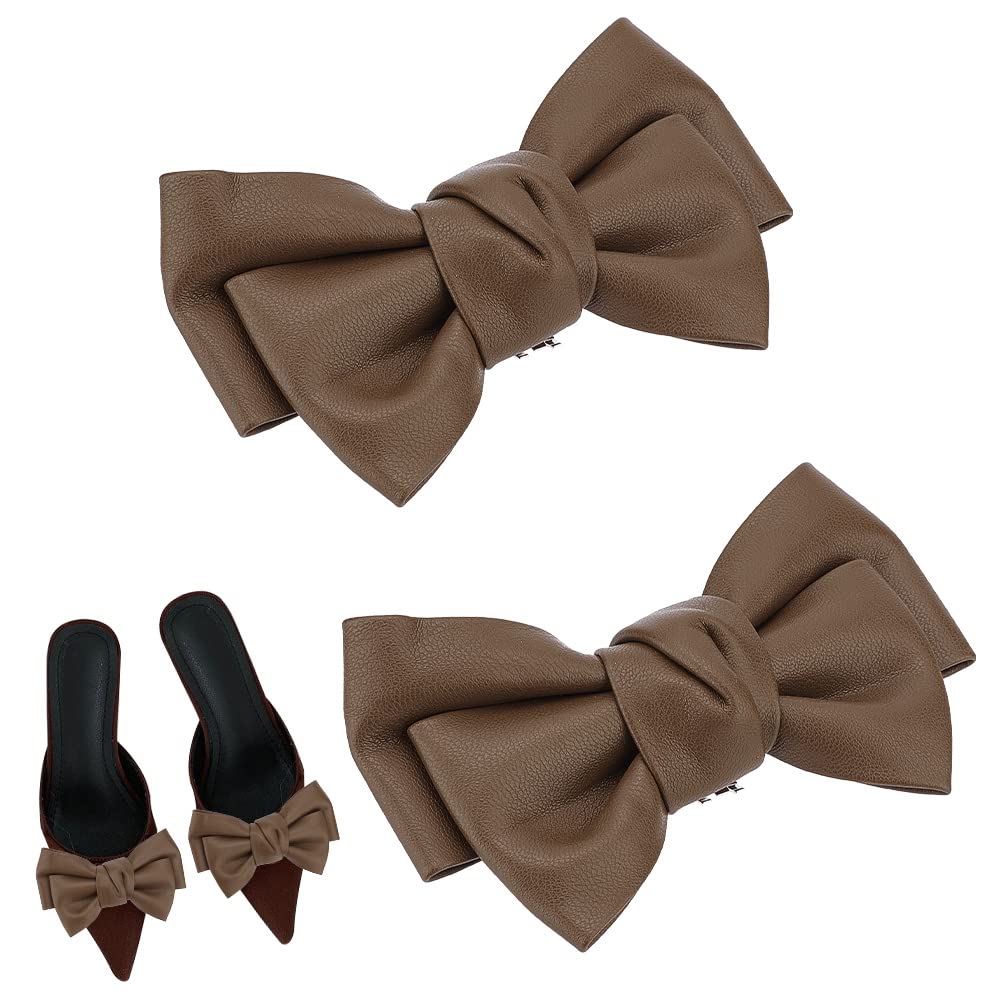 PH PandaHallLeather Bow Shoe Clips, 2pcs Removable Bowknot Shoe Charms Decoration for High Heels Pumps Sandals Flats, Brown
