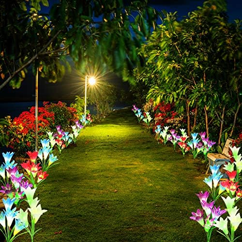Solar Lights Outdoor Garden, 4 Pack Garden Lights Solar Powered Waterproof With 16 Bigger Lily Flower, Multicolour Outside Solar Garden Lighting For Christmas Gift Pathway Yard Wedding Party Fence