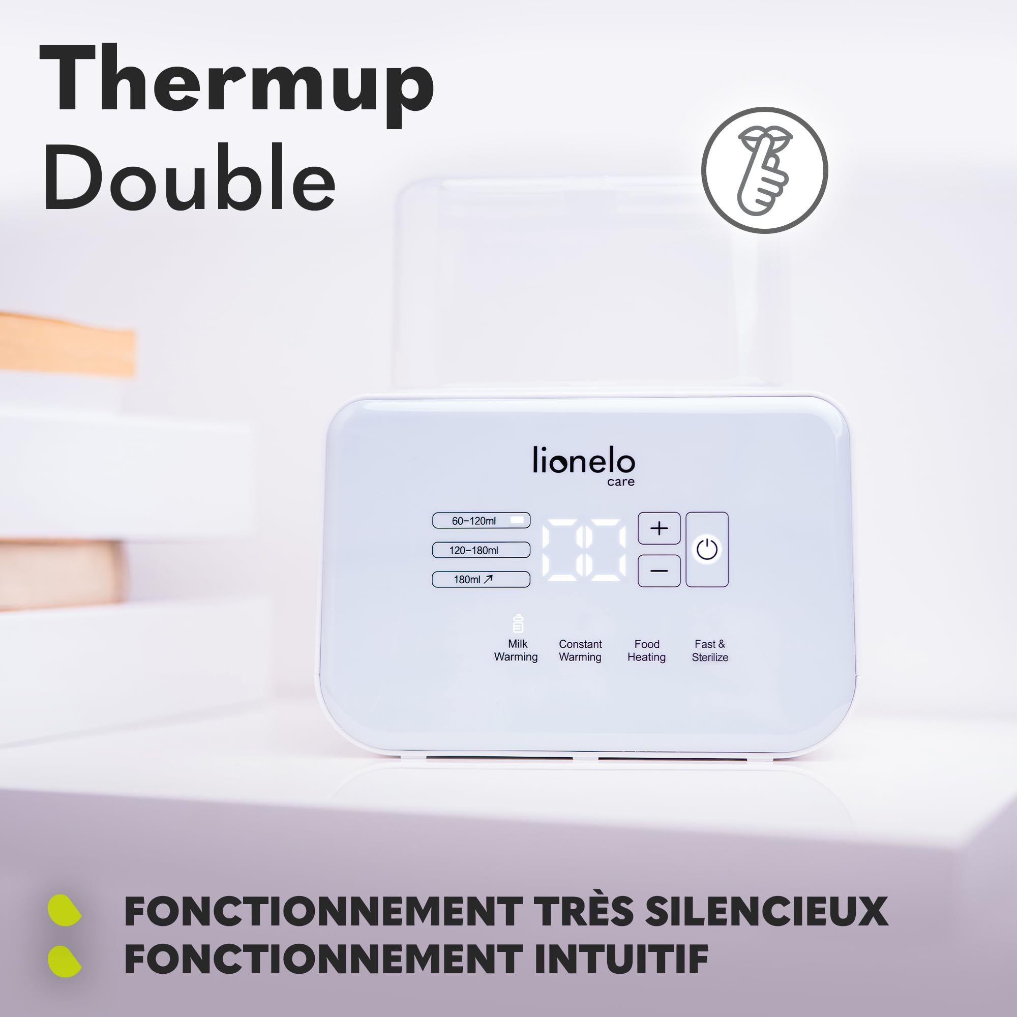 Lionelo Thermup Double Chauffe-Biberon 6 en 1, Chauffage Rapide dès 3 min | 2 biberons à la fois, stérilise, décongèle, garde au chaud 24 h, jusqu’à 100 °C, écran tactile lumineux, silencieux, Blanc