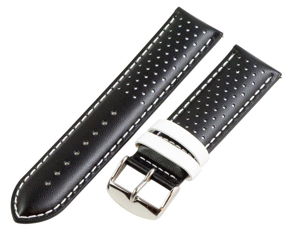 Clockwork Synergy, LLC 26mm Rally Perforated Smooth Black/White Leather Interchangeable Watch Band Strap