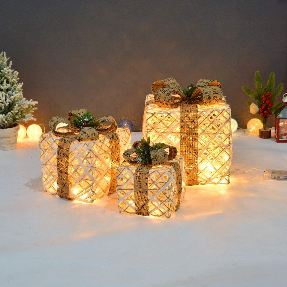 Ornamenti di Natale Scatole regalo, Set di 3 scatole regalo natalizie decorative in rattan LED, ferro, luci bianche calde, set di pacchi natalizi(A)