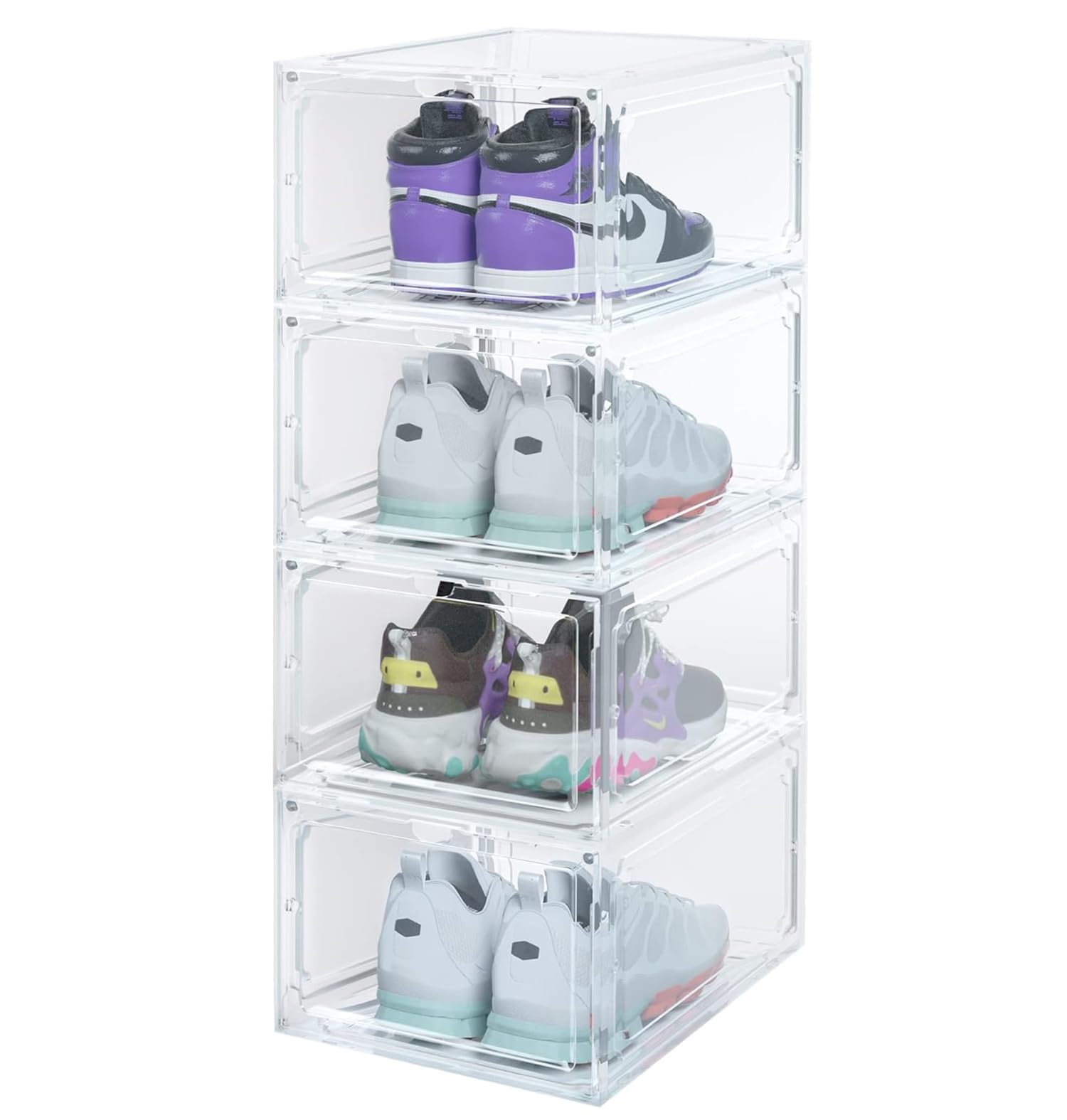House of Quirk Shoe Organizer, Shoe Storage Boxes, Large Shoe Boxes with Magnetic Door, Clear Stackable Plastic Shoe Containers (4Box, White)