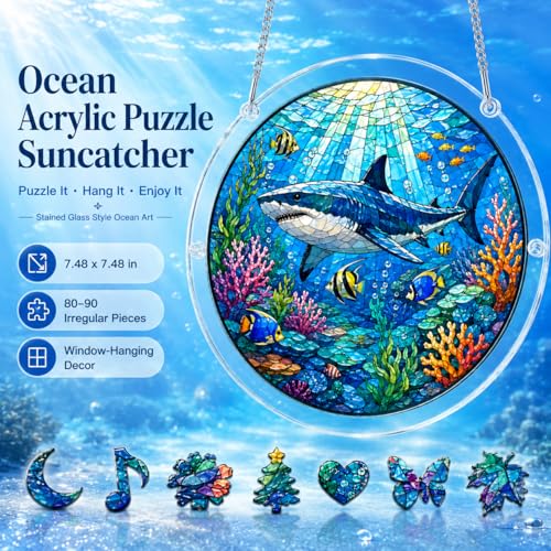 Puzzle de Acrílico Ocean Jigsaw Suncatcher para Adultos, Rompecabezas de Ventana de Vidrio Teñido de 7.48 Pulgadas, Decoración de Puzzles de Animales Marinos para Amantes del Océano (Tiburón) miniatura 7