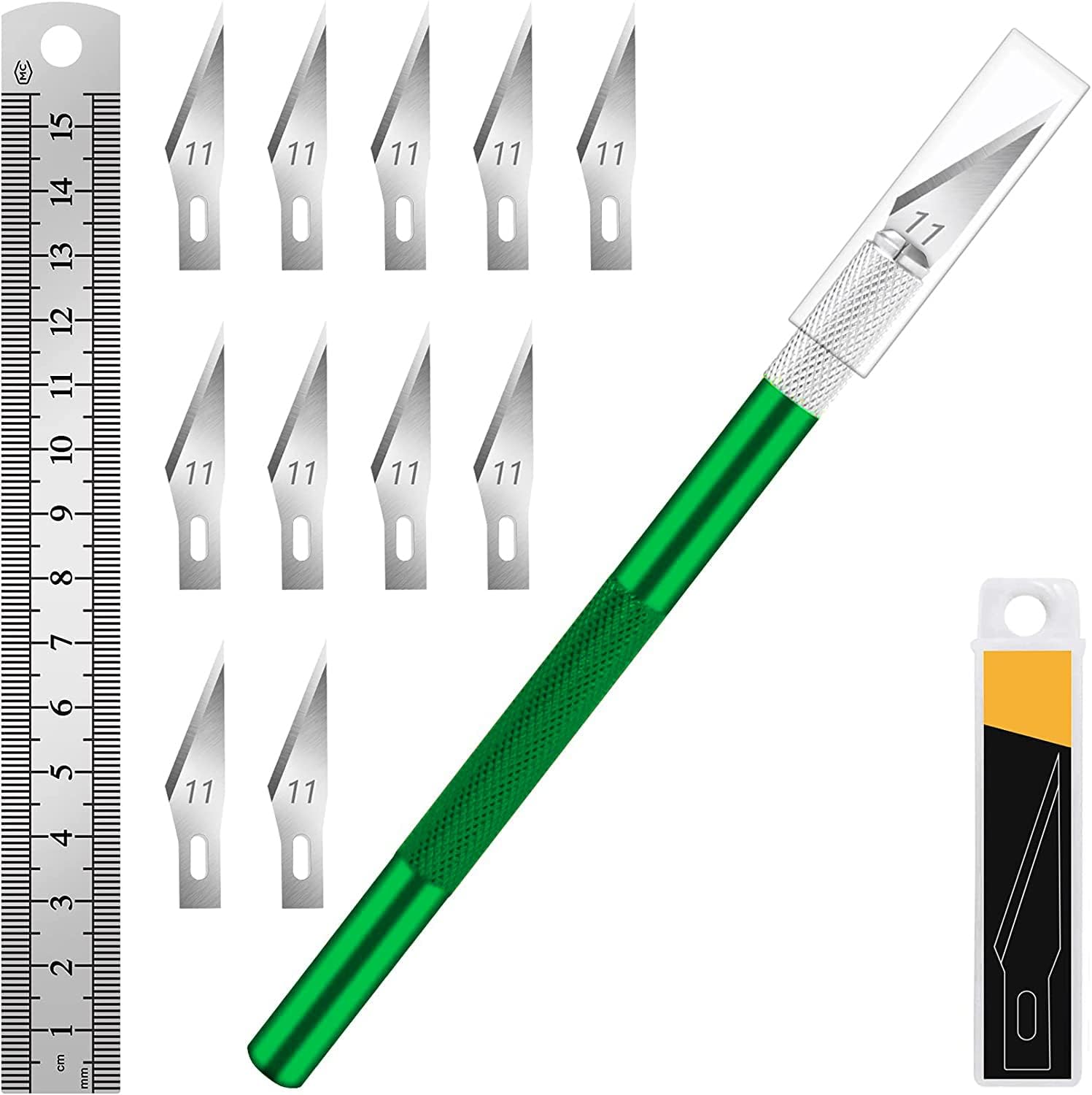DIYSELF Craft Knife with 10 Extra #11 Blades, Precision Hobby Knife Set with Steel Ruler, Exacto Knife for Crafting, Polymer Clay, Pottery, Paper, Vinyl, Stencil & Model Making (Green)