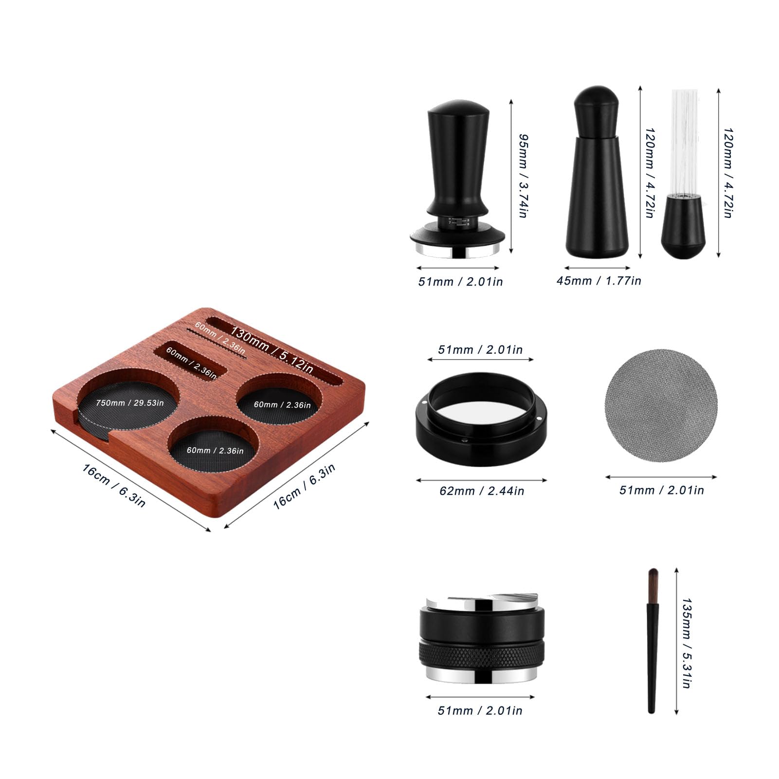 Sapele Wood Coffee Tamping Station with 51mm Tamper and Needle Stirrer