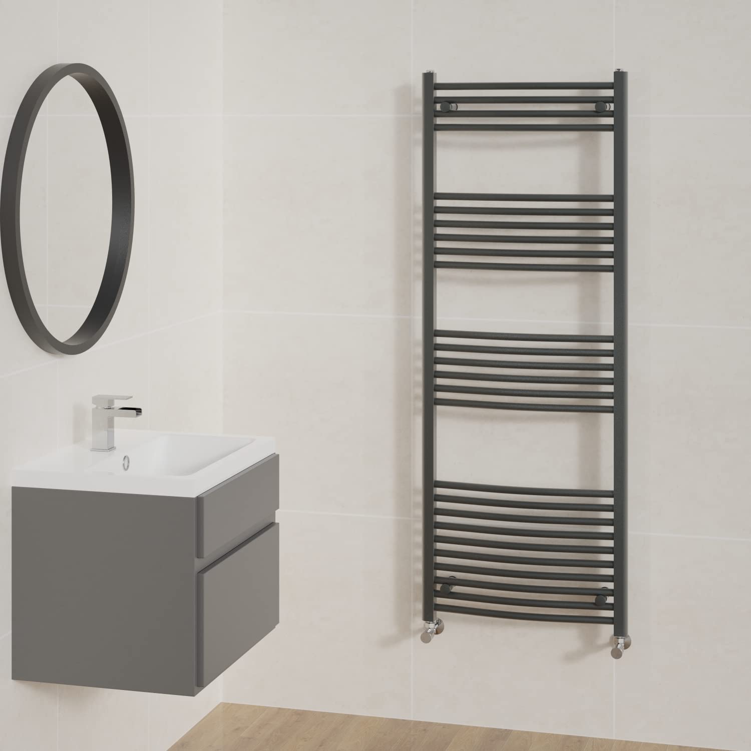 NRG Curved Anthracite Bathroom Heated Towel Rail Radiator Central Heating Ladder Rad Warmer 1600x600mm