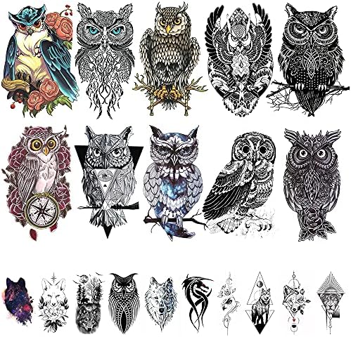 20 Sheets Large Owl Temporary Tattoos for Men Women, Realistic Owl Temporary Tattoo Stickers for Adults 3D Fake Wolf Lion Dragon Totem Animals Tatoos