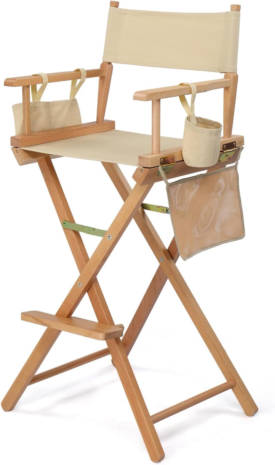 OmySalon 31" Extra Tall Directors Chair - Portable Folding Makeup Chair with Storage Bag & Footrest, Professional for Salon/Outdoor/Craft Shows, 250lbs Capacity (Beige/Natural Frame)