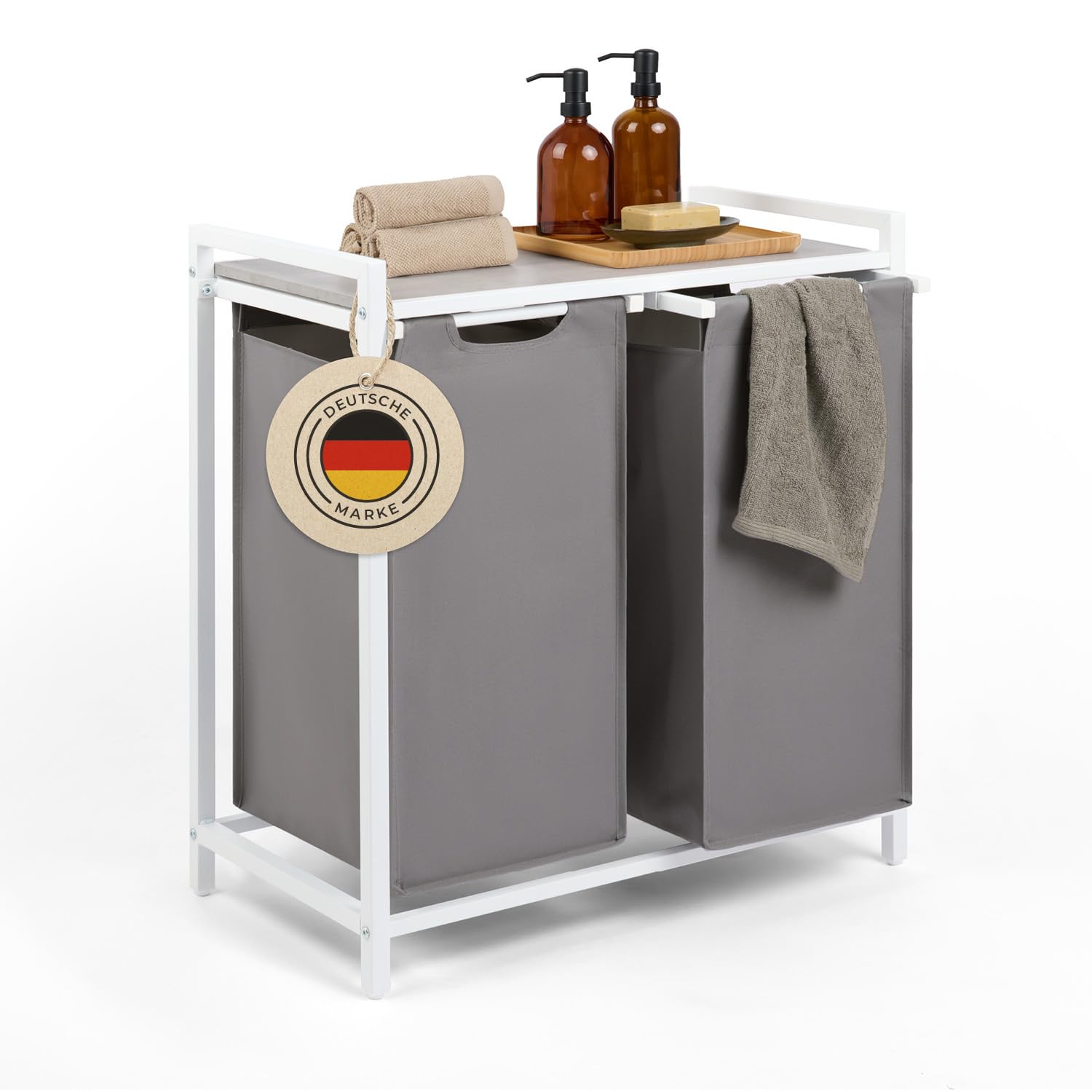 Blumtal Wäschesammler 2 Fächer Grau - Wäschekorb mit Ablage in Beton-Optik - Wäscheschrank mit Metall-Rahmen in Weiß - Wäschekorb mit Beinen - Wäschesortierer 2 Fächer