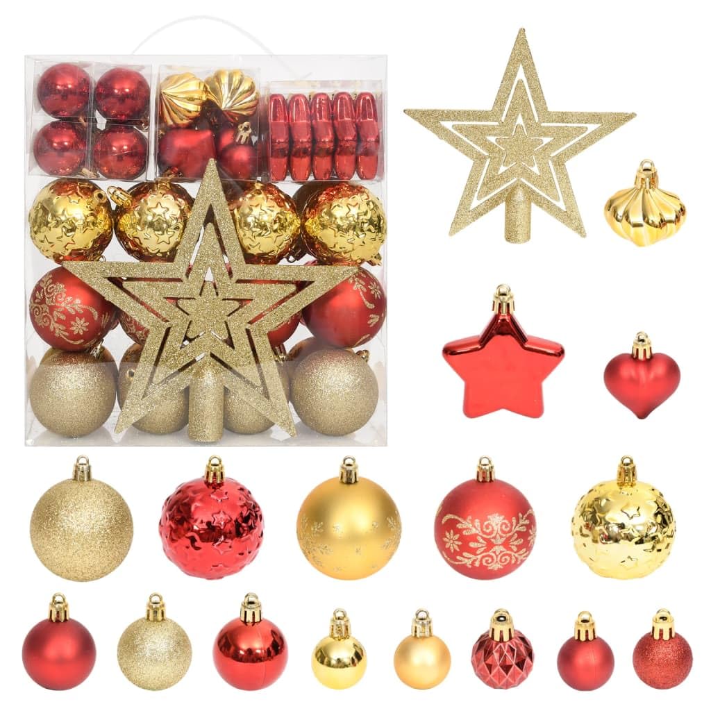 Juego de 70 bolas de Navidad de plástico dorado y rojo, incluye estrella, corazón, gota, punta de árbol, con caja de almacenamiento, ideal para decorar y decorar