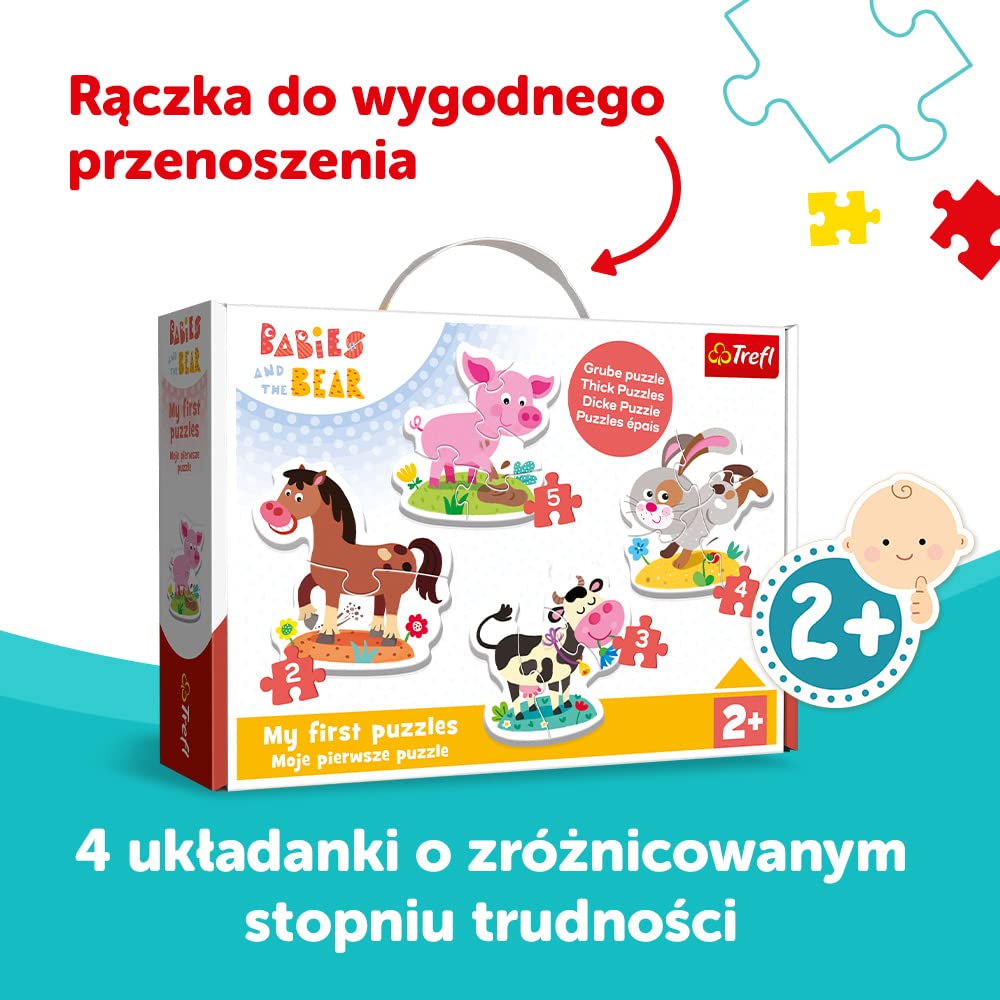 Trefl - Babies and the Bear, Na farmie - 4 Duże Układanki Kształtowe dla Najmłodszych, od 2 do 5 Elementów, Zwierzęta z Bajki Bobaski i Miś, Grube Puzzle dla Maluchów, Zabawa dla Dzieci od 2 lat