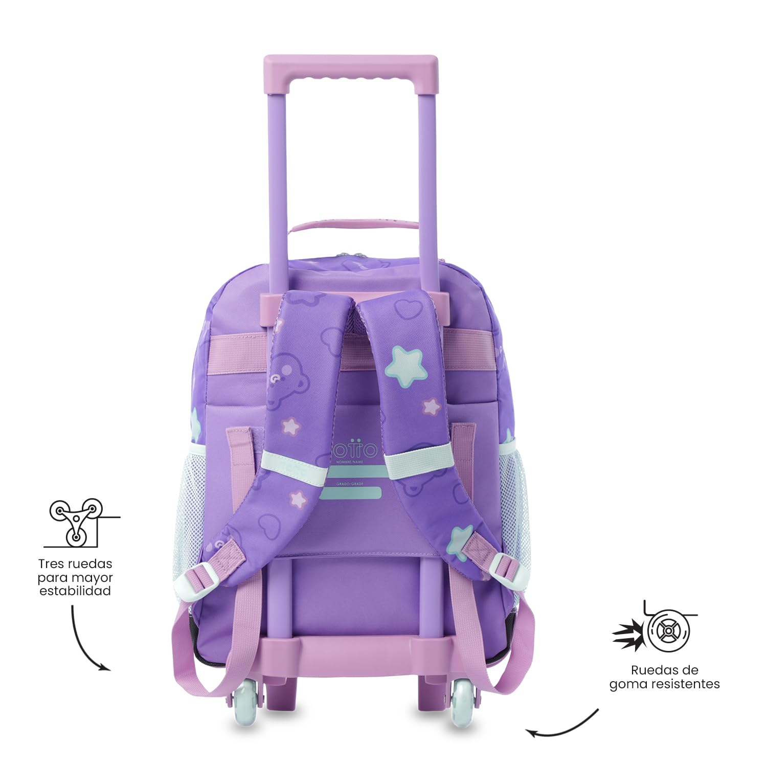 TOTTO - Mochila Escolar con Ruedas, Modelo Friends Party M, Mochila Mediana, Capacidad 23 L, Bolsillos Botella, 2 Compartimentos Frontales, Protección en la Base, Correas Ajustables, Estampado Morado