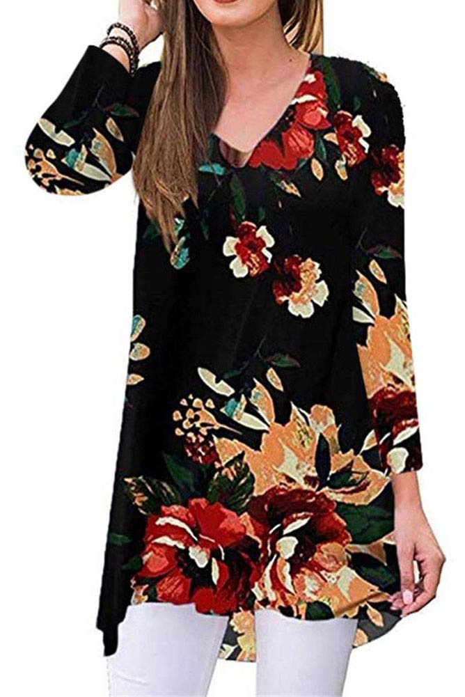 YAKERWomen's Floral Fall Long Sleeve V-Neck T-Shirt Sleepwear Tunic Tops Blouse Shirts