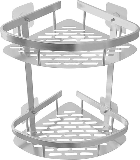 LEADAHEAD Bathroom Shower Corner Shelf 2 Tiers No Drilling Shower Organizer Wall Mounted Shower Basket with 2 Hooks Space Aluminum