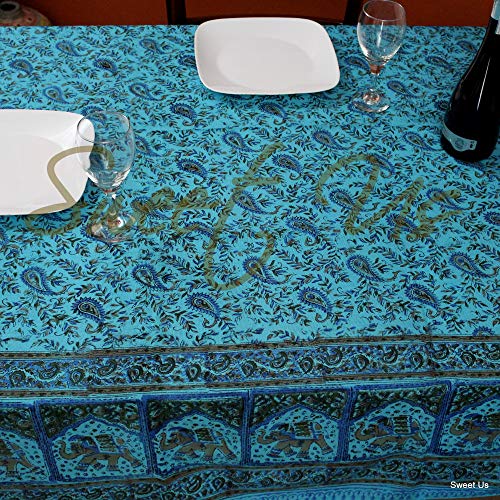 India Arts Cotton Elephant Paisley Floral Tablecloth Rectangle Bed Sheet Full Turquoise Blue #TOP2
