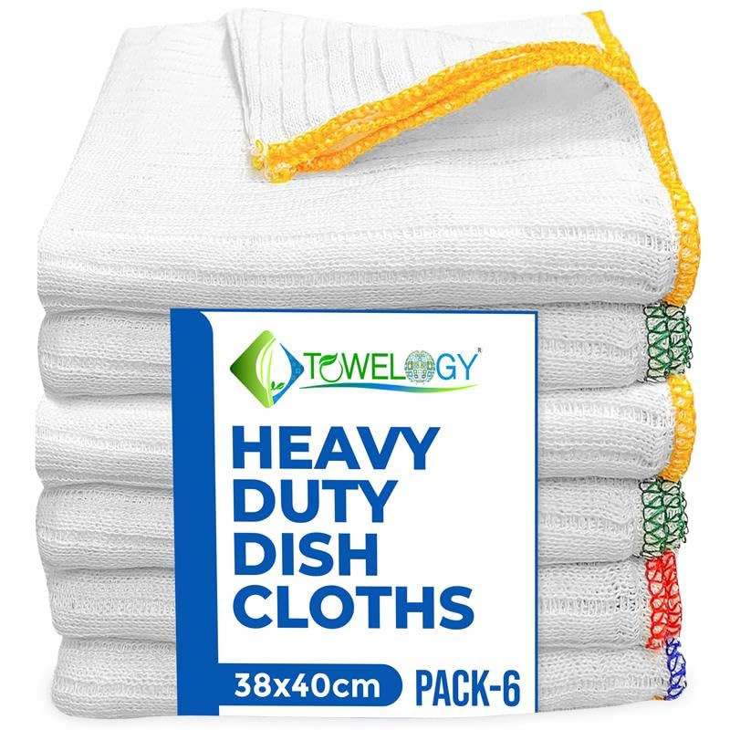 Towelogy Large Cotton Dish Cloths for Washing Up – Pack of 6 Odour Resistant Dish Towels (6, White)