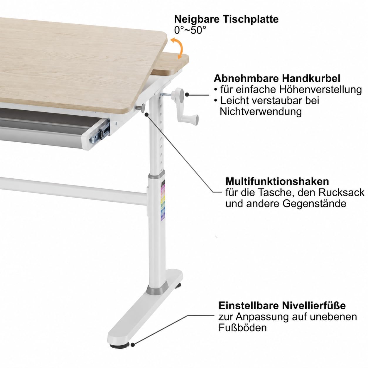 HOKO Kinderschreibtisch, Höhenverstellbar Kinderschreibtische 120x60 cm, Schreibtisch Kinder ab 6 Jahren, neigbare Tischplatte mit Schubladen, 100kg Belastbarkeit, Verstellbar von 54-76cm (Holz,CELIN)