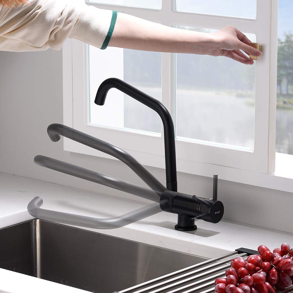 Ibergrif Grifo Cocina Abatible, Grifo de Fregadero Plegable Giratorio 360° | Grifo Cocina Bajo Ventana de Acero Inoxidable 304, Mezclador Fregadero Agua Fría y Caliente para Cocina-Negro