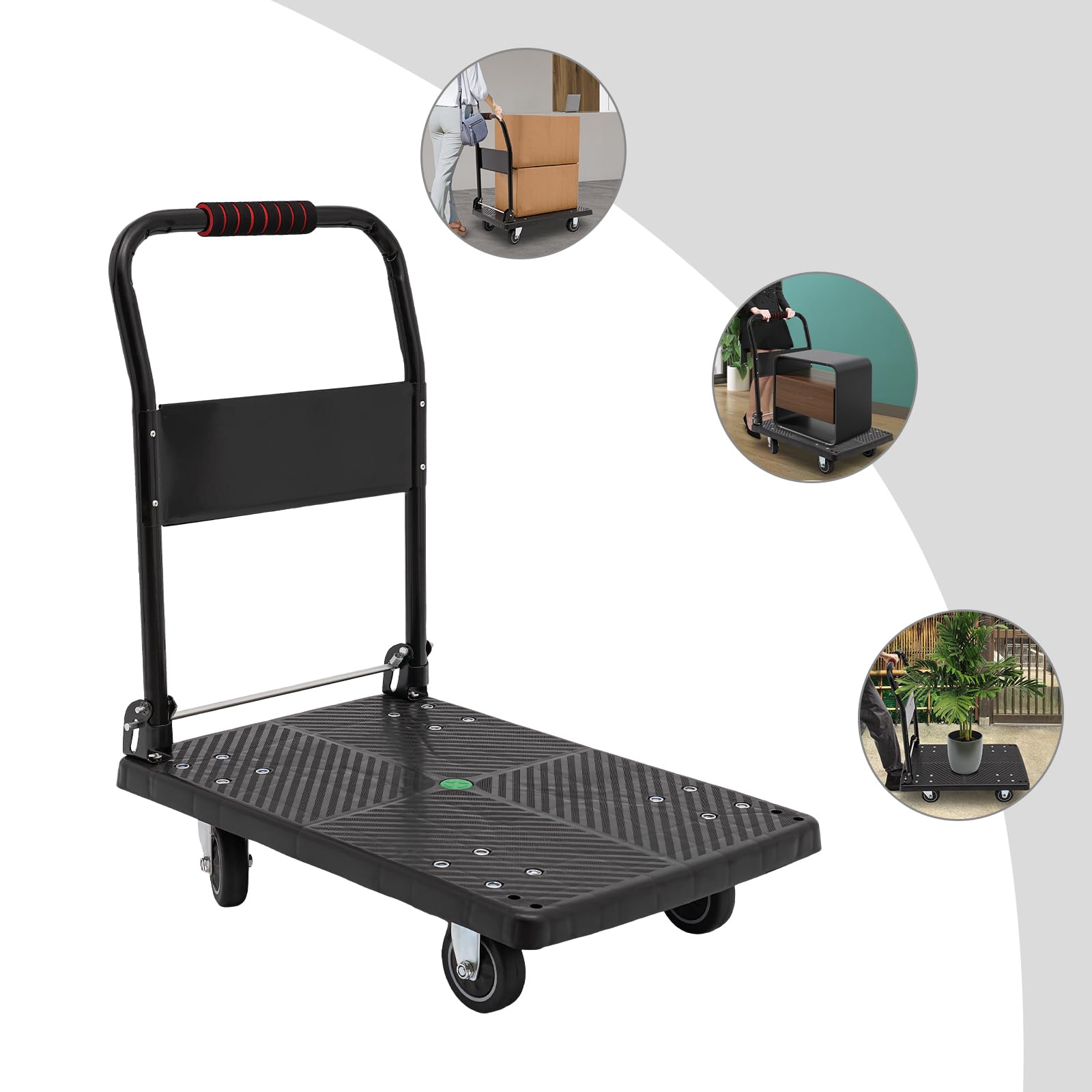 Carrello pieghevole da 150 kg, con 4 ruote TPR, impugnatura in schiuma, antiscivolo, per traslochi, magazzino, officina, ufficio, giardino e logistica, nero, 72 x 48 cm