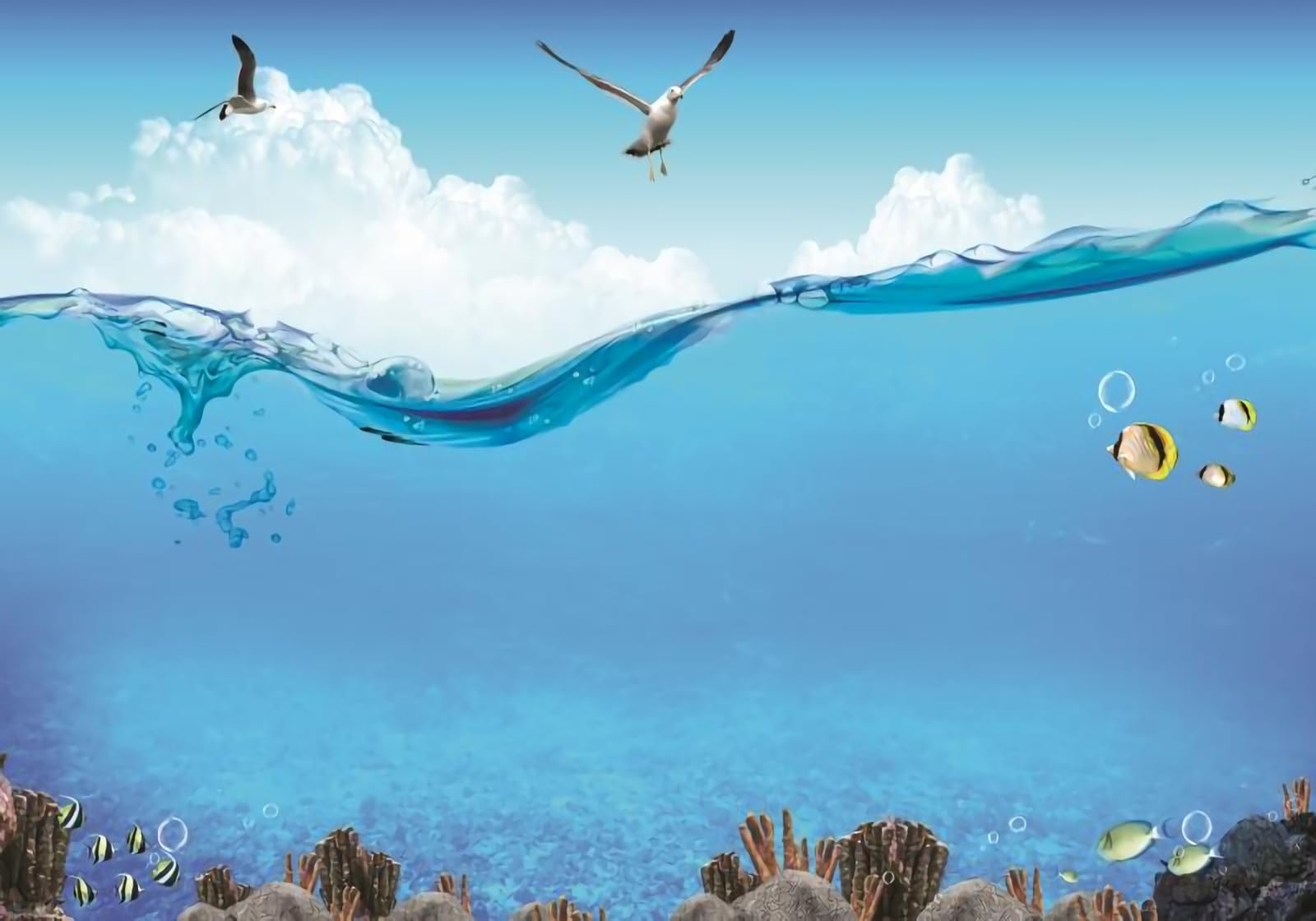 Tapisserie murale 3D vagues sous-marines bleues grand format 150x105cm