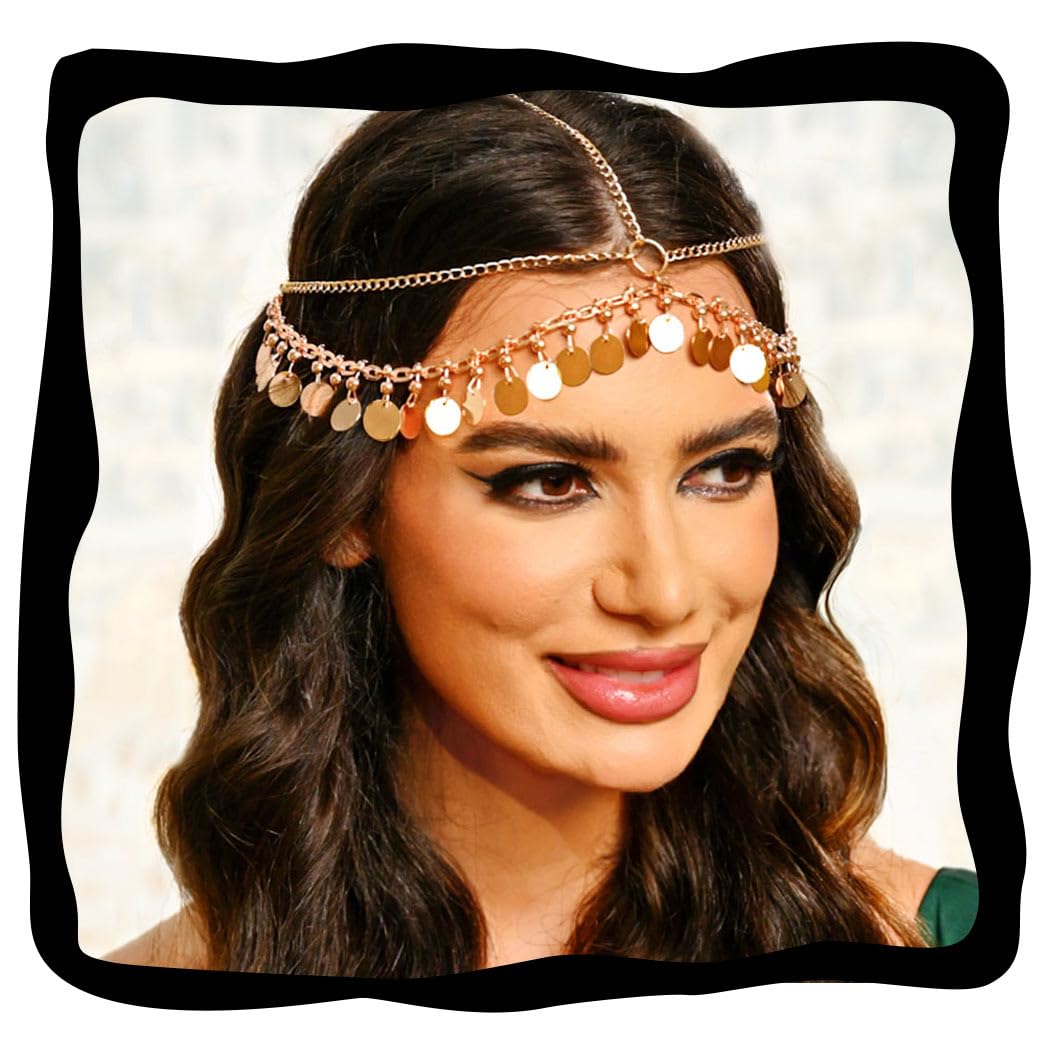 Aukmla Sequin Boho Head Chain Jewelry Gold Headpiece Hair Chains Festival Costume Headband Hair Accessories for Women