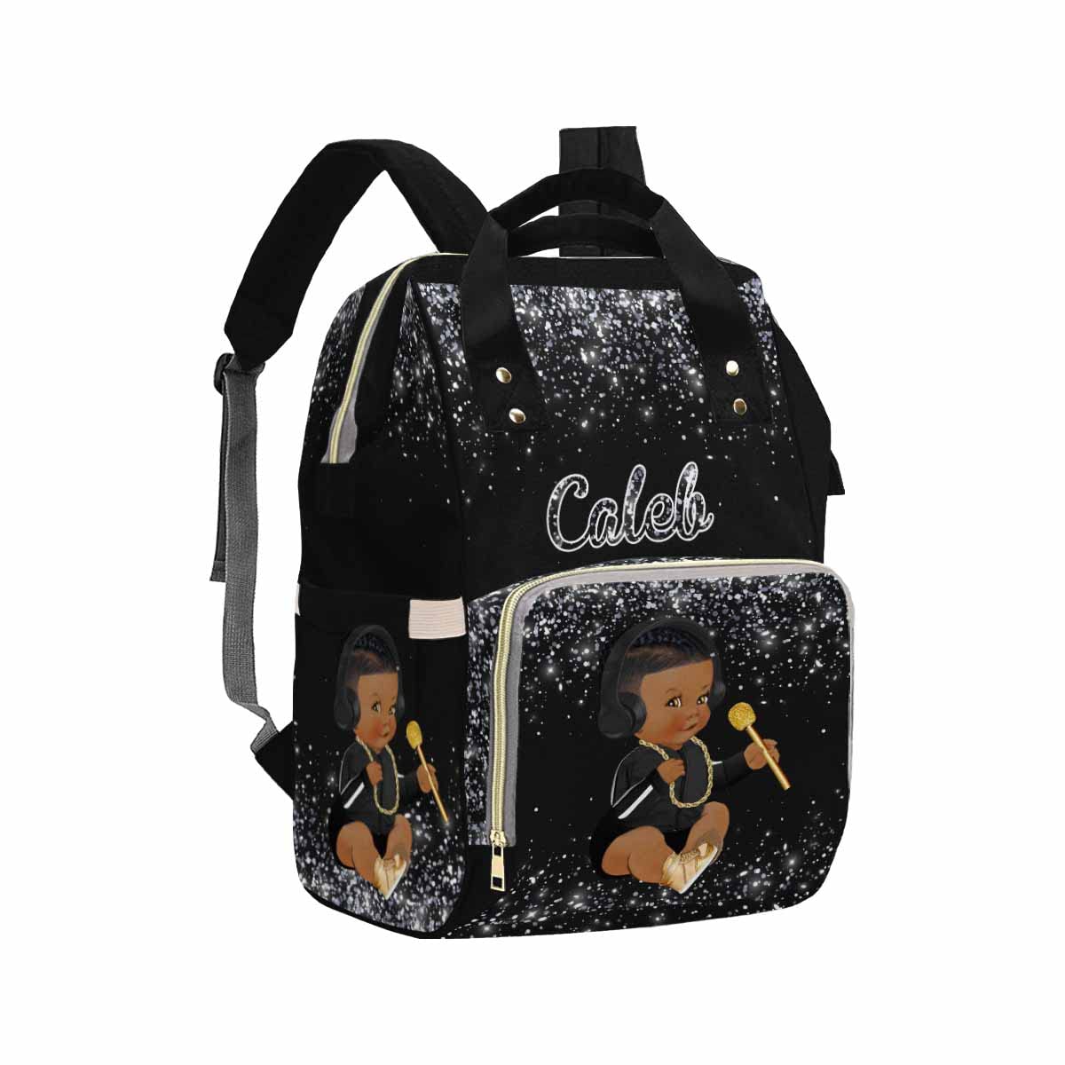 Artsadd Custom Name Baby Bags for Dad Mom, Personalized Stunning Dots Headset Diaper Backpack with Stroller Straps Large Capacity Nappy Bag for Boys