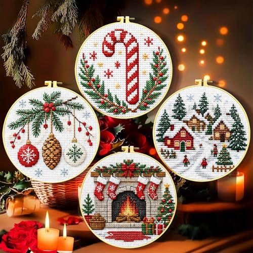 Image of Zhenqing 11CT Stamped Cross Stitch Kit for Adults - 4-Piece Christmas Embroidery Set with 20x20cm Fabric, Plastic 16cm Hoop, Threads & Instructions, Holiday Decor (68447)