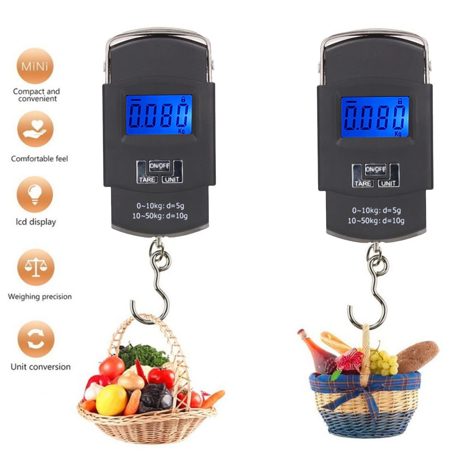 Sxhlseller Wagi bagażowe z wyświetlaczem cyfrowym, przenośna waga do ryb o udźwigu 50 kg, przenośna waga z 4 jednostkami masy na zakupy, podróże, wędkarstwo