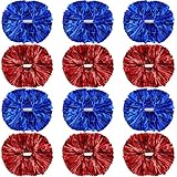 Hoteam 12 Pack Cheerleading Pom Poms Cheer Pompoms with Baton Handle Metallic Foil Pompoms for Adult for Team Sports Party Dance Cheering Squad Accessories, 14 Inch (Blue,Red)