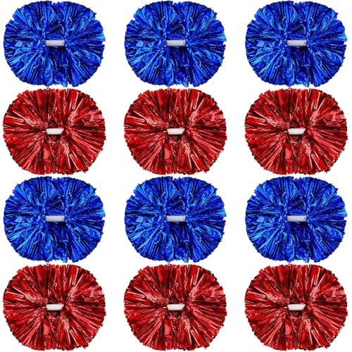 Hoteam 12 Pack Cheerleading Pom Poms Cheer Pompoms with Baton Handle Metallic Foil Pompoms for Adult for Team Sports Party Dance Cheering Squad Accessories, 14 Inch (Blue,Red)