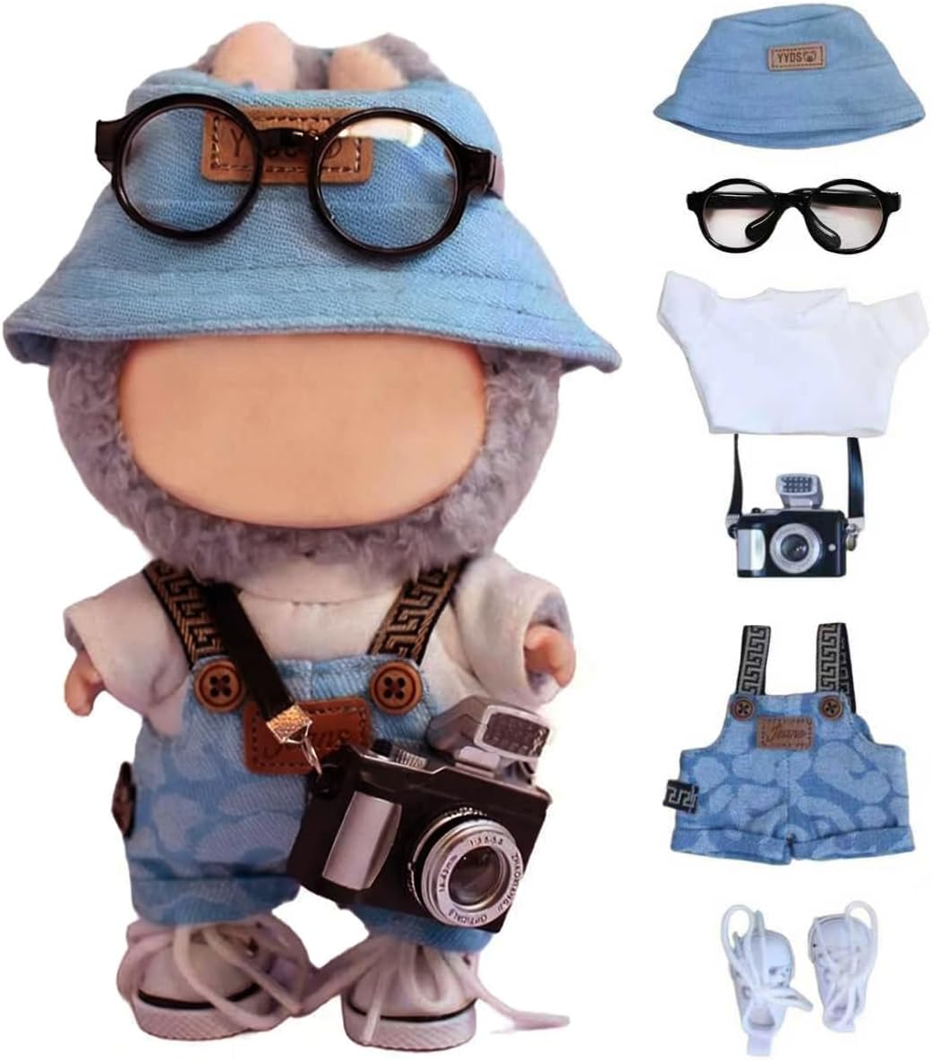 6 Piece 17cm Doll Clothes, Outfit Set with Accessories for 17cm Dolls, Denim Style Outfit Set with T-Shirt + Denim Overalls + Canvas Sneakers + Denim Hat + Mini Camera + Glasses, No Doll Included