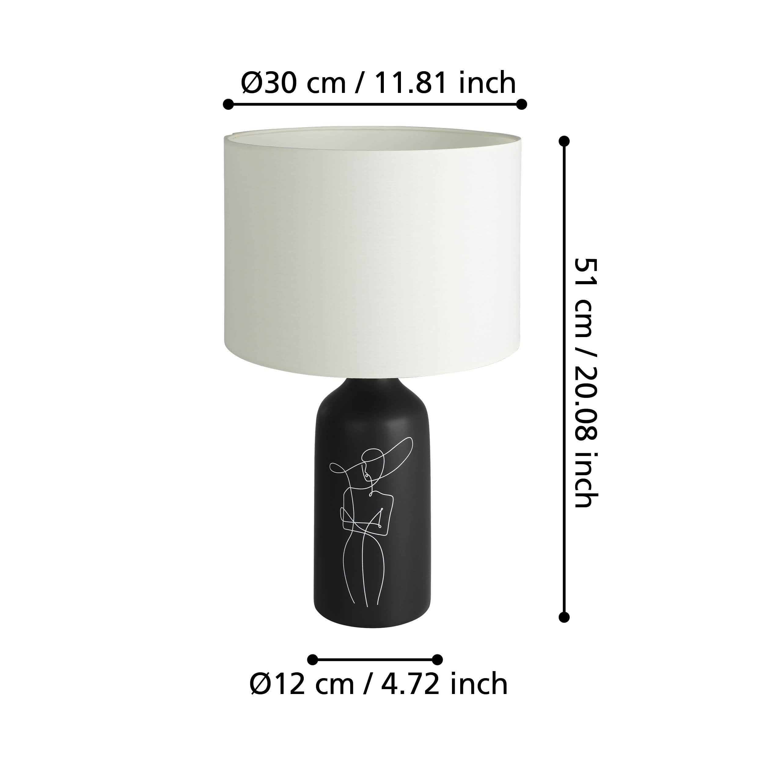 Eglo Vinoza lámpara de mesa, iluminador para mesa de noche con pantalla | luminaria de cerámica en negro con motivo y textil en blanco, dormitorio deco, luz para sala, casquillo E27