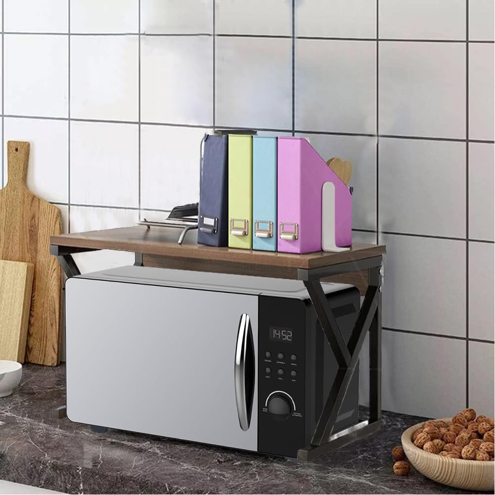 Shally Dogan Scaffalatura Salvaspazio Porta Microonde in Acciaio e Legno, Scaffale da Cucina con 1 Ripiano, Unità di Mensole Piedini Antiscivolo, Mensola Multiuso Design Moderno (Noce + Nero)