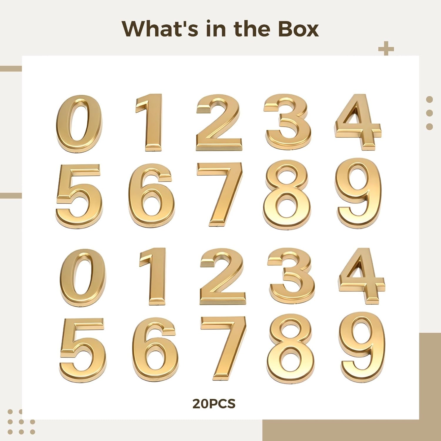2.8 Inches Plastic Address Number Signs, Waterproof Door Numbers for Business and Home, Modern Golden Mailbox Numbers 0 to 9, 20 Pcs Self-Adhesive Golden House Numbers for Houses