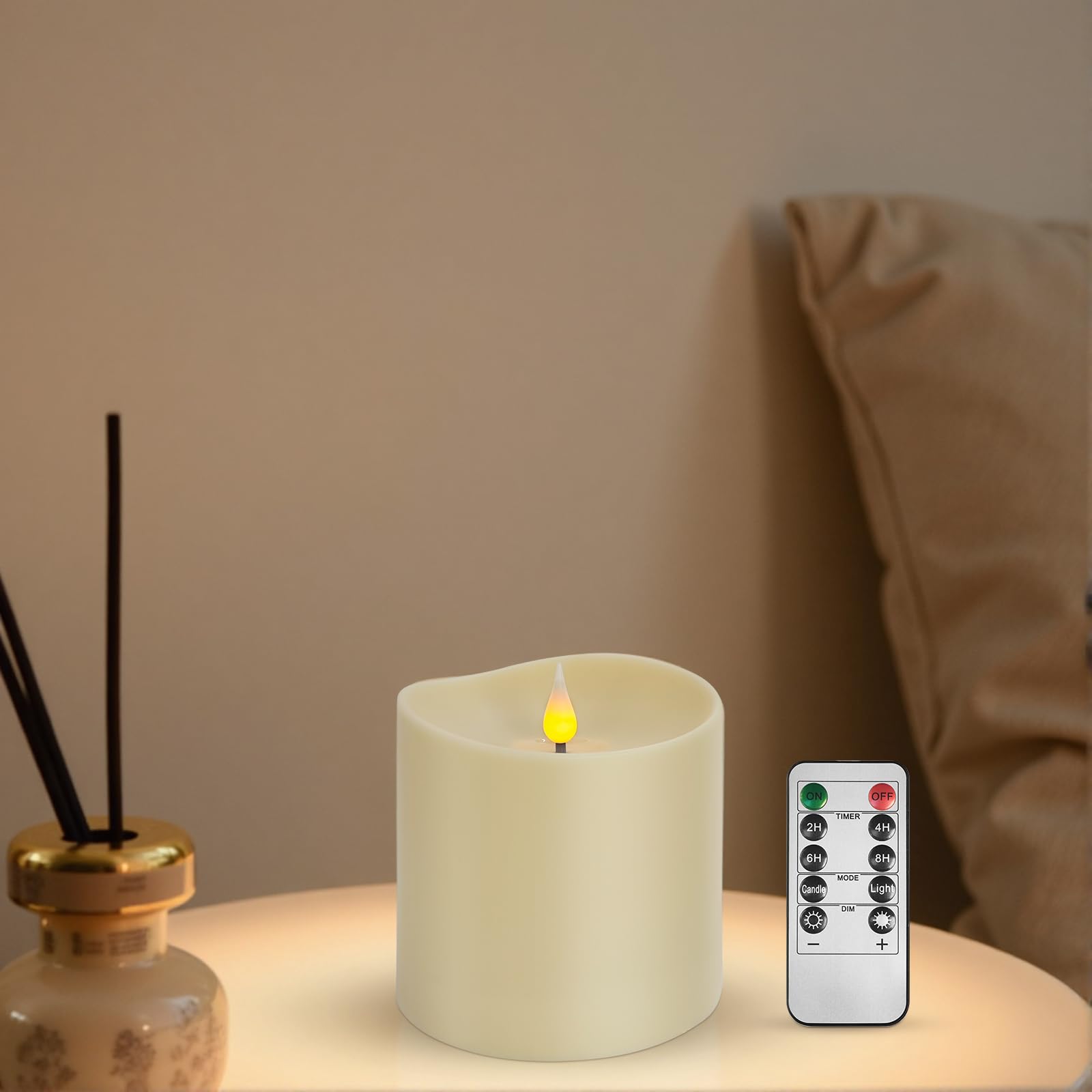 Flameless LED Candle with Remote, 4x4 Inch Battery Operated Plastic Pillar Candle, Realistic Flickering Flame, Timer &amp; Brightness Control, Ivory – Safe for Kids &amp; Pets, Great for Home &amp; Holiday Decor