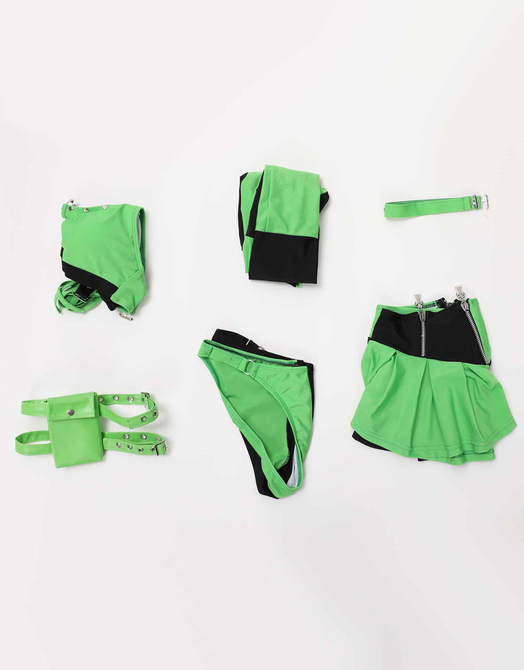 MEOWCOS Gothic Black Green Spliced Halter Bra and Bottom Bathing Suit with Long Sleeve Top Skirt and Choker