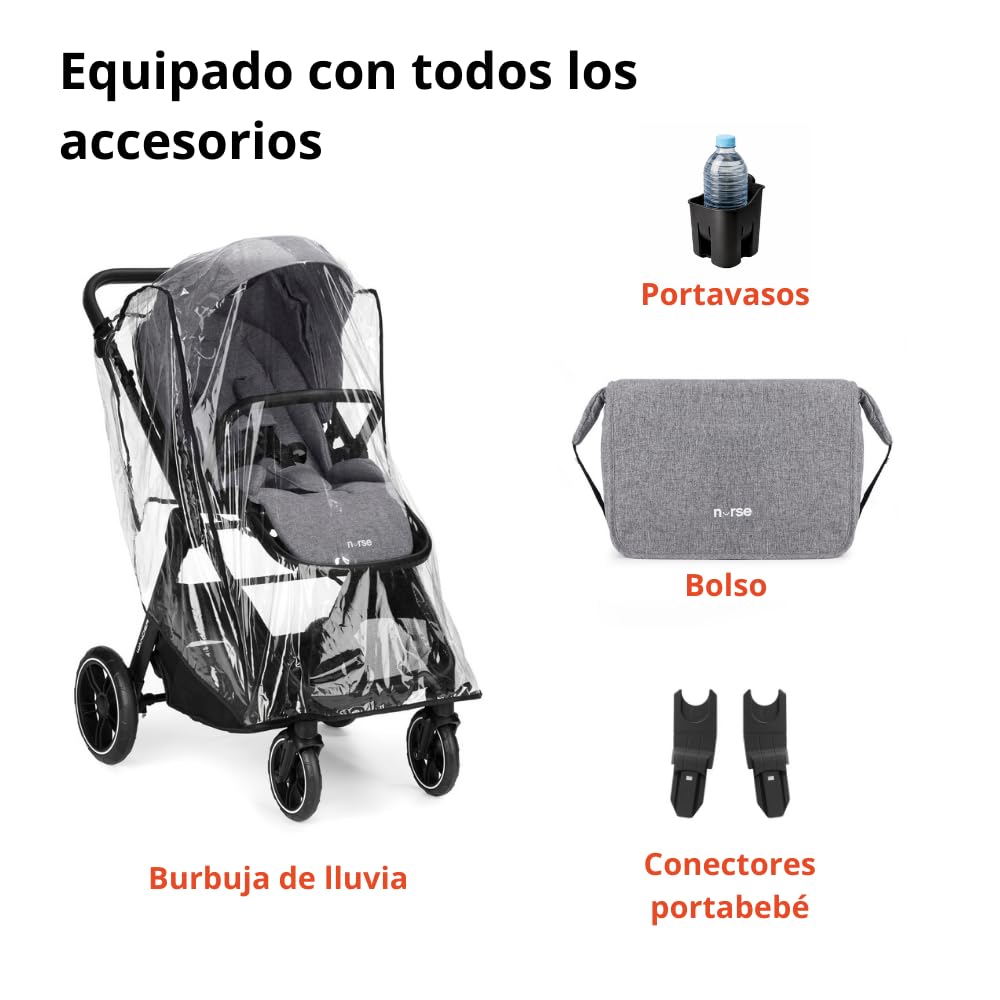 Nurse Wander C Trio Carrito de Bebé 3 en 1, Capazo Convertible en Hamaca y Silla de Coche i-Size, Plegado Compacto, con Accesorios, Gris