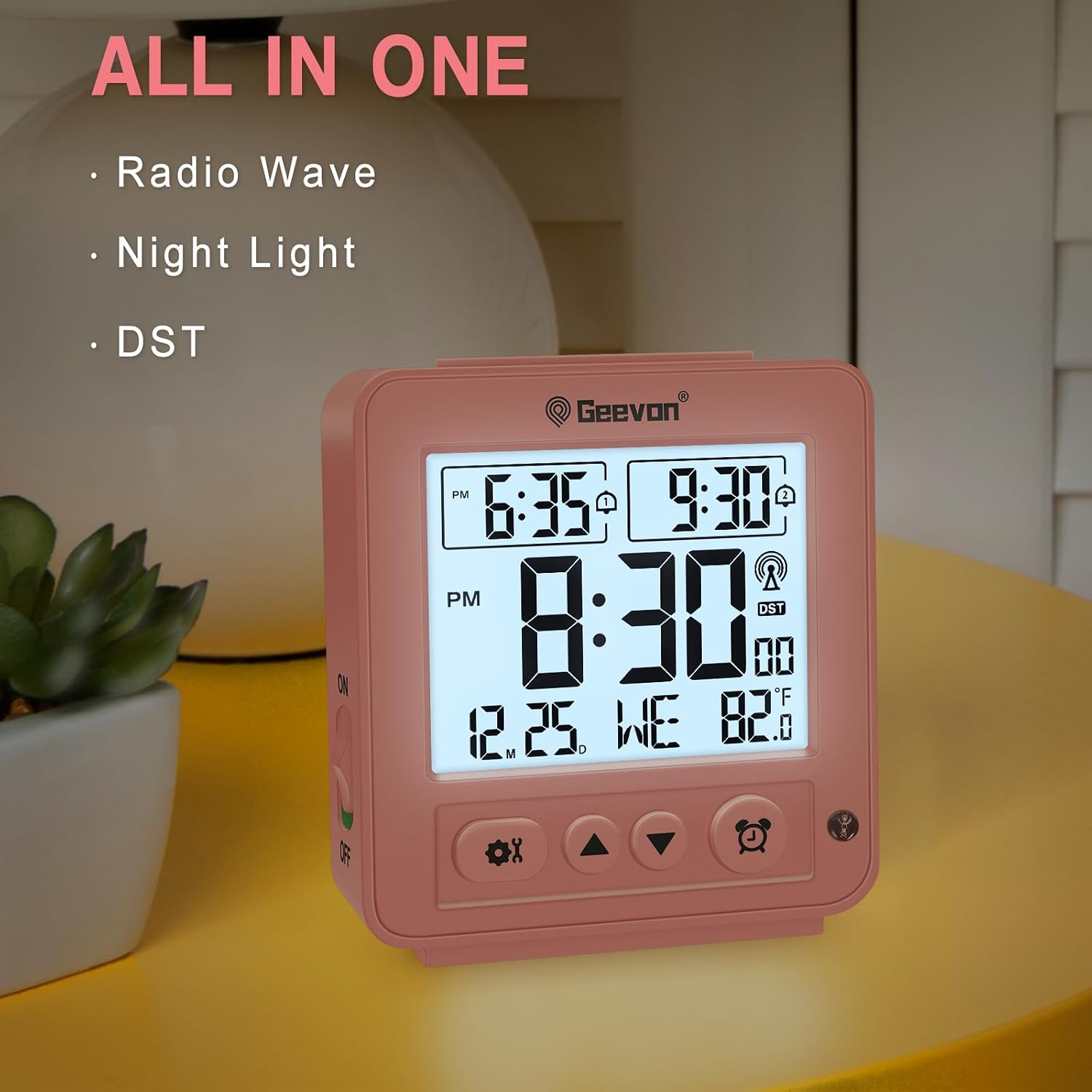 Geevon Small Digital Atomic Alarm Clock for Bedroom, Travel Table Clock with Auto/8s Backlight, 2 Alarm, Temperature, Desk Clock Battery Operated for Deep Sleepers Kids Elderly Home Office, Pink image 3