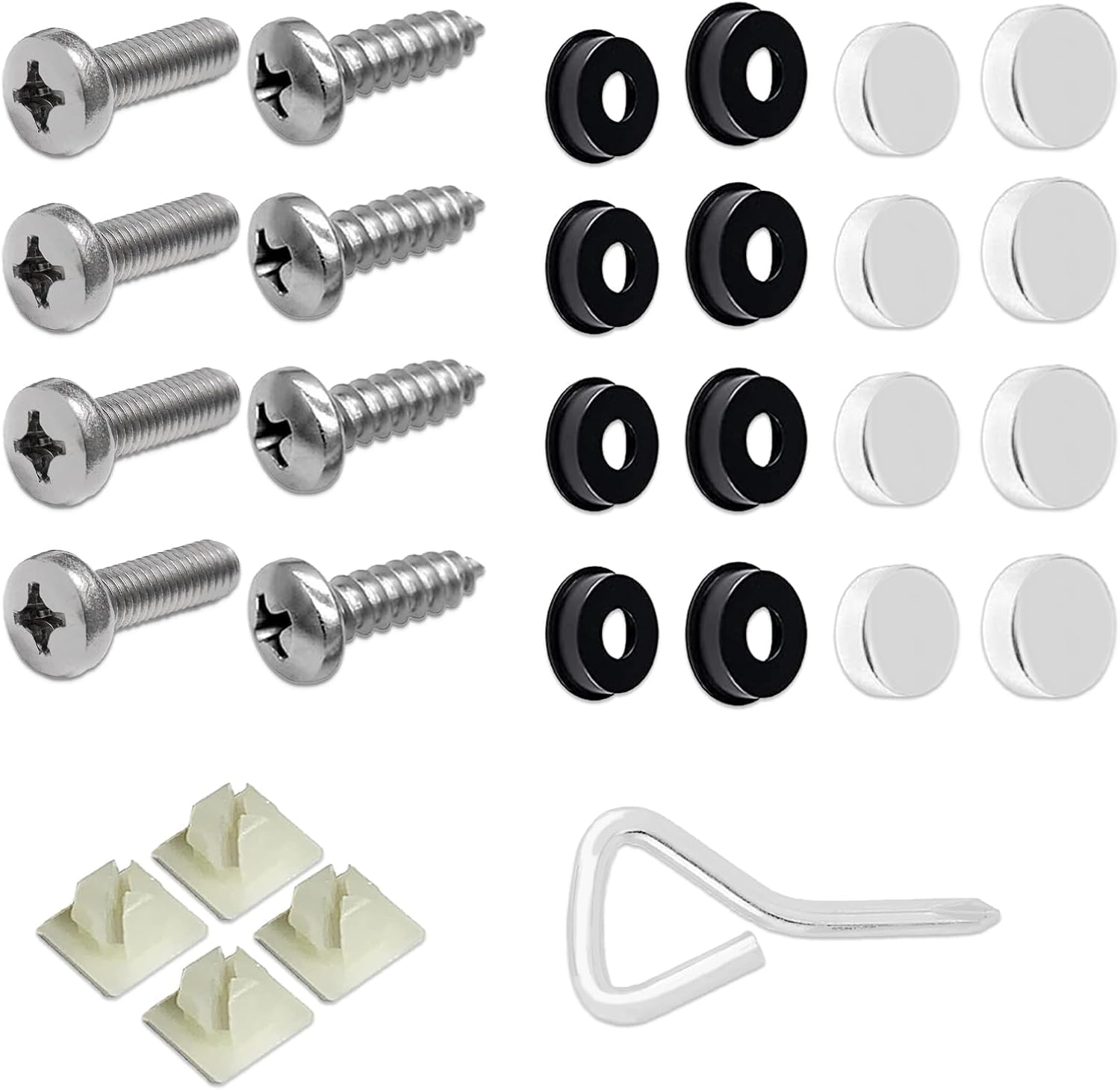 License Plate Mounting Hardware Kit, Black Screw Caps and Silvery Covers, with Installation Set