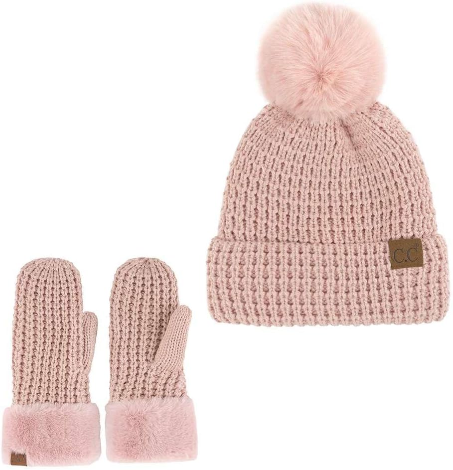 C.C Women Waffle Knit Fuzzy Sherpa Lined Pom Beanie & Mitten Winter Gloves Set