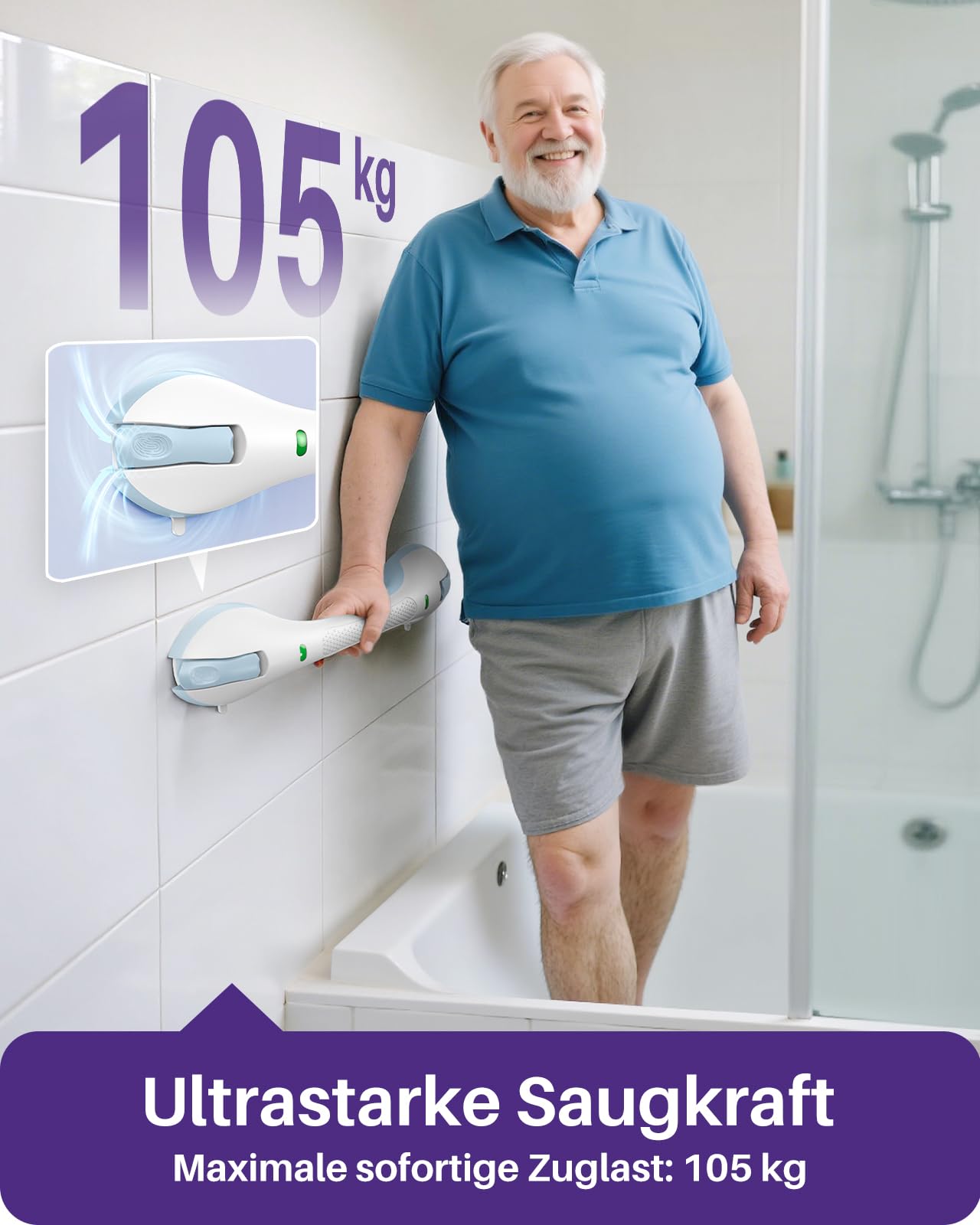 KEKOY Haltegriff mit Saugnapf & Indikator, Haltegriff Dusche ohne Bohren | 44 cm Haltegriffe für Senioren, Max Halt Duschgriff mit Saugnapf für Badezimmer & Badewannen, entfernbar, 2er Hellblau