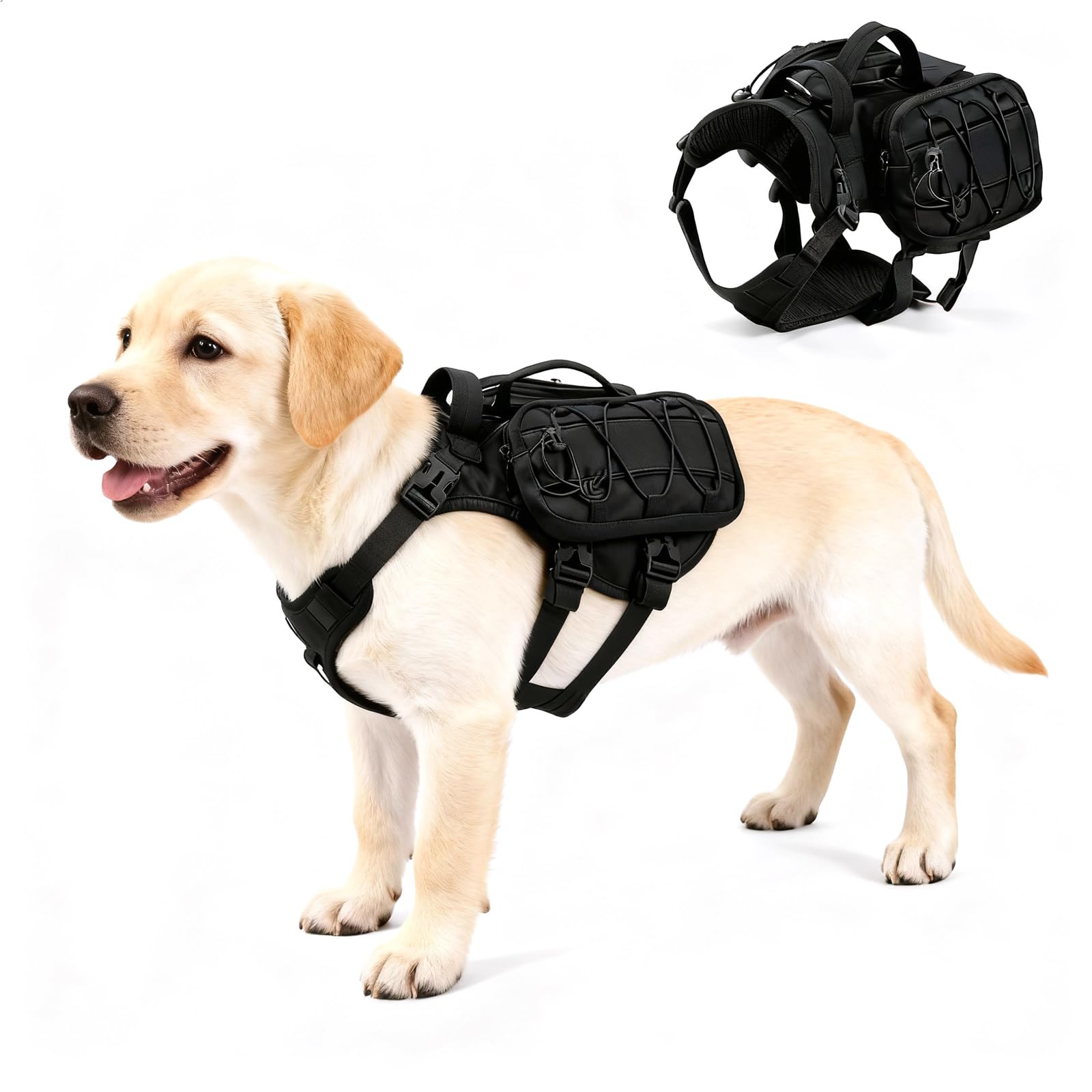 AOKOWN Dog Hiking Backpack for Medium Dogs, Dog Pack Tactical Harness, Adjustable Saddlebags with Handle Trim for Hiking Walking Training M Black