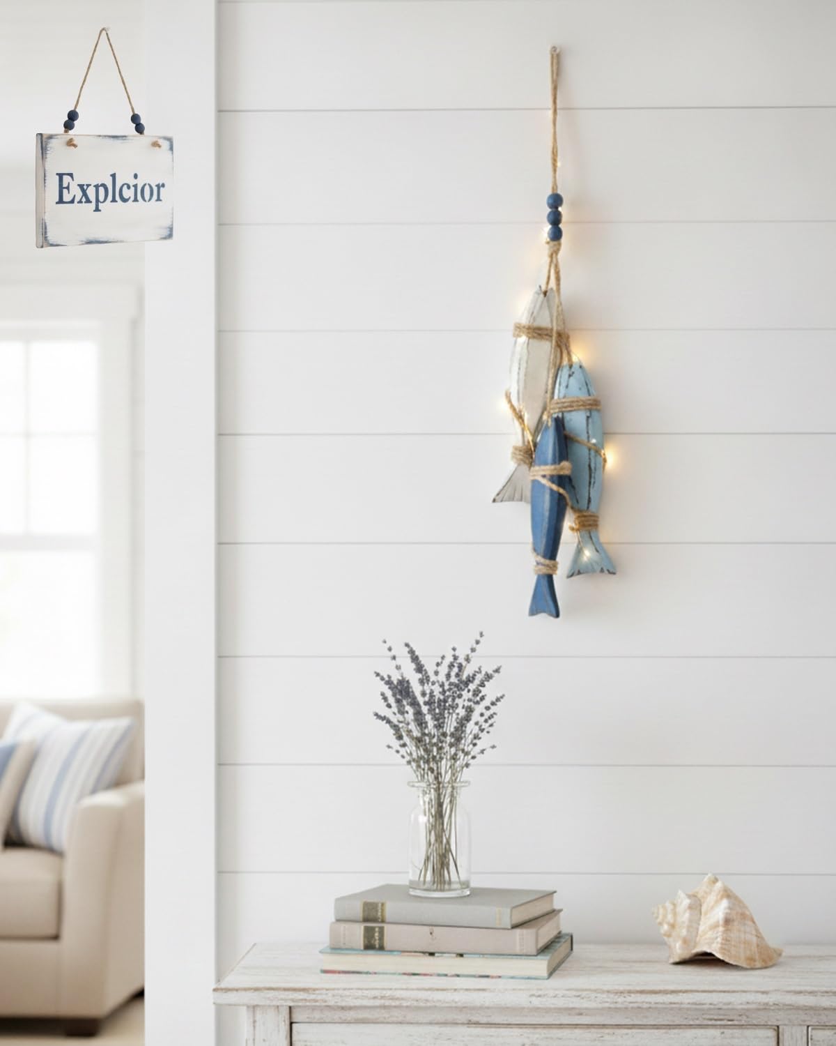 Explcior Light Ed Wooden Fish & Starfish Wall Decor Beachy Mediterranean Nautical Wall Hanging Decor With Warm Led Wooden Coastal Beach Style Rope Ornament For Bathroom Porch & Beach House