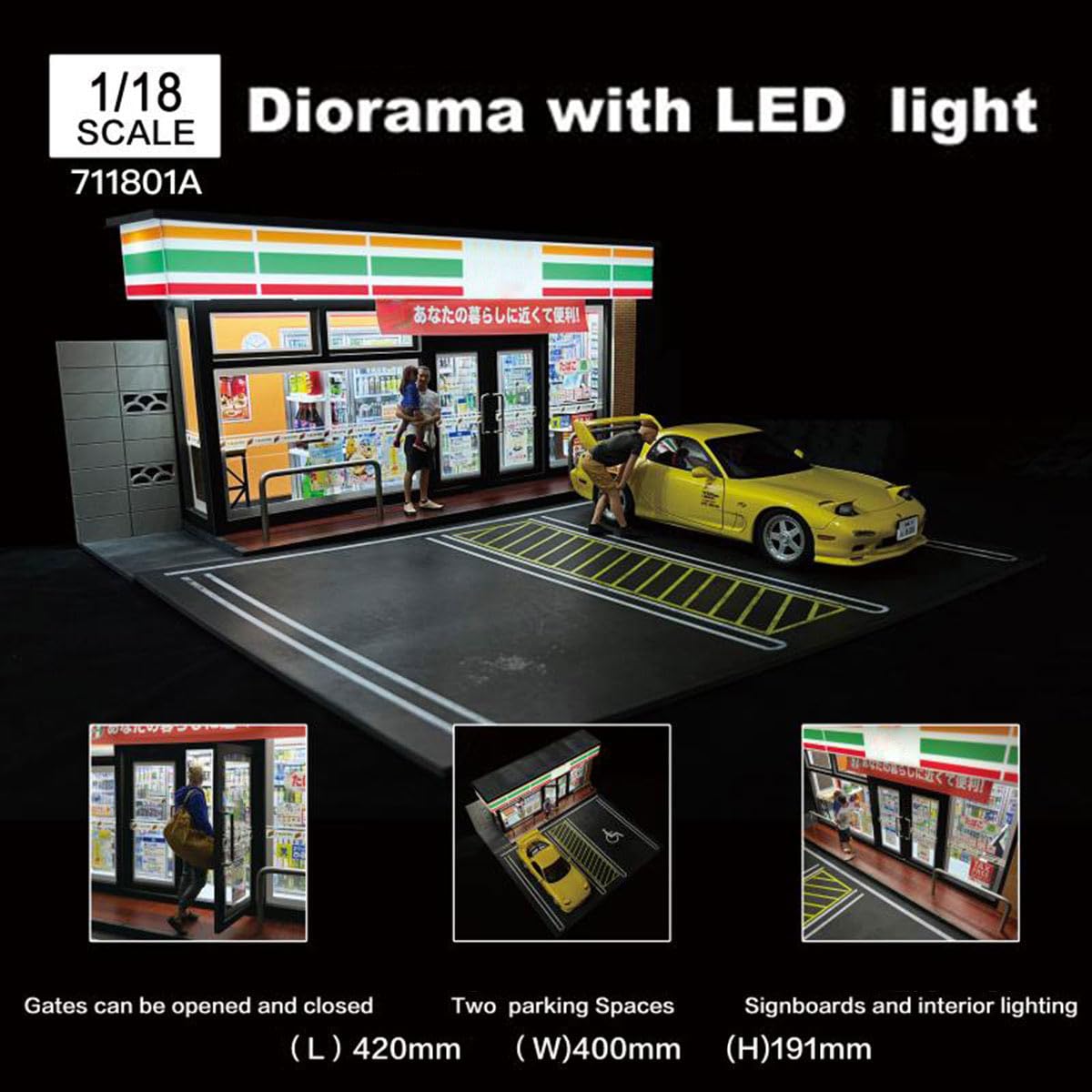 1:18 Japanisches 7-Eleven Convenience Store Modell, realistische Miniatur-Szene mit USB-LED-Beleuchtung & vier Parkplätzen, Druckguss-Auto-Display-Hintergrund