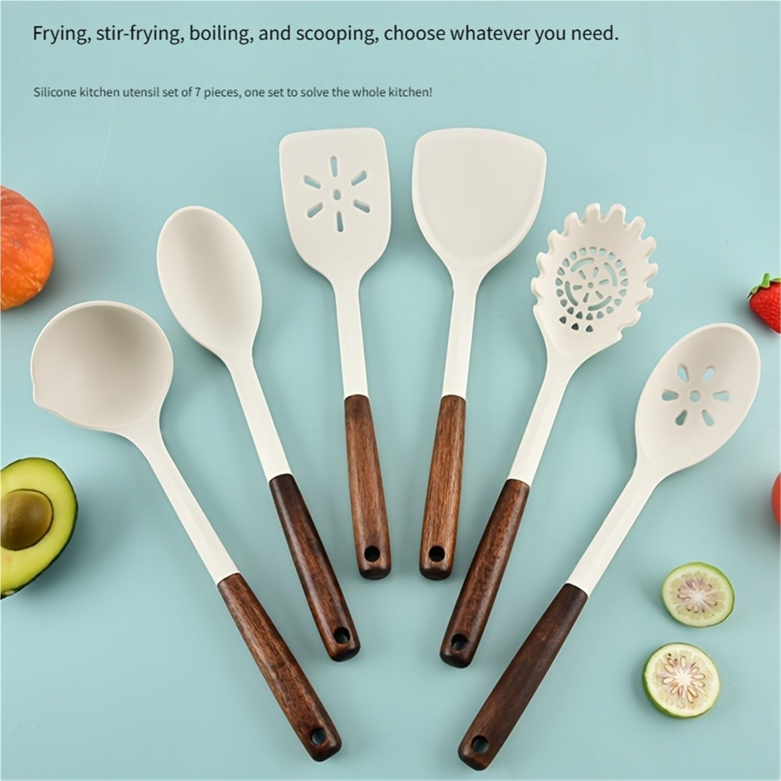 Juego de Utensilios Cocina Silicona, 7 Uds., Olla, Pala, Cuchara for Sopa, Garra Espagueti, Juego con Estante Almacenamiento, Conjunto domésticos para Cocina(Black)