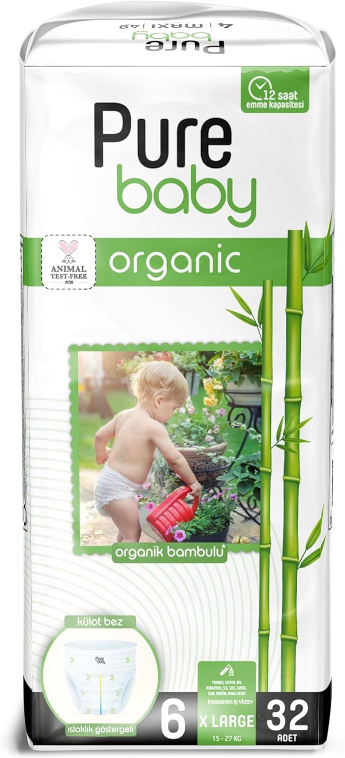 Baby Pant Style Diapers with Organic Bamboo Core Size 6, 16+ kg, Superior Absorption, 32 pieces