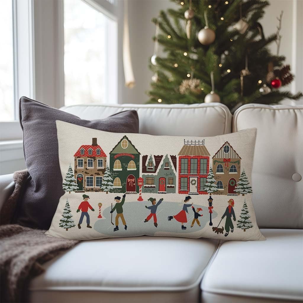 Winter Holiday Throw Pillow Cover 12x20 Village House Ice Skating image 3