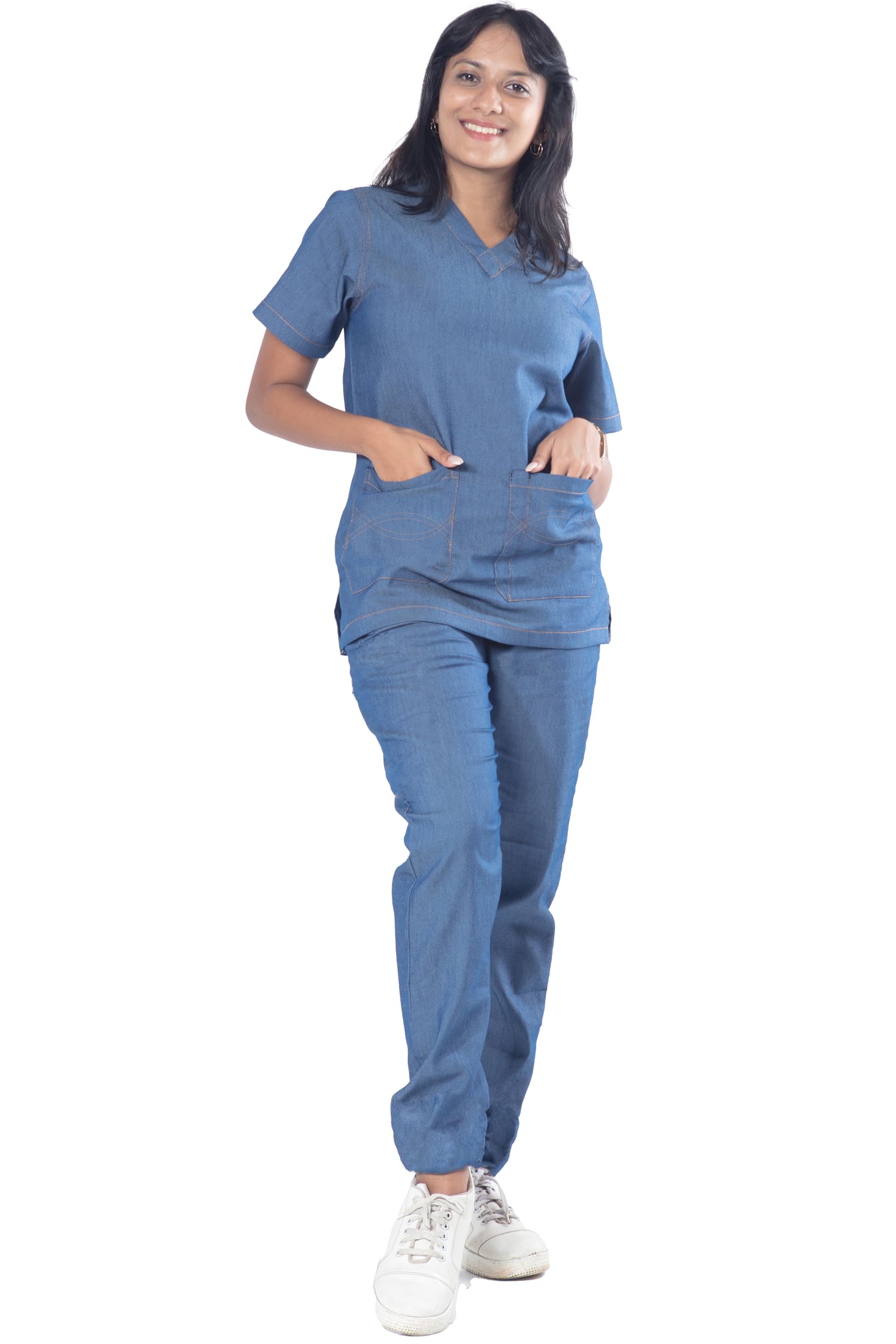 UNIFORM CRAFT Women’s Denim Scrub Suits DNM-SF || 7 pocket scrubs | Ideal for doctors, dentists, vets, nurses & healthcare professionals (L)
