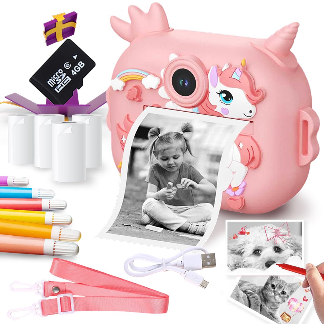 Wembley Camera for Kids with Print | Digital Instant Camera, Unicorn Design, Video Recorder, Photo Filters, 4GB SD Card, Print Paper Rolls, Shoulder Strap for Kids 3-10 Years-picture-30